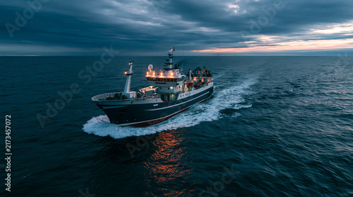 Commercial Workboat Cruising Across Open Ocean At Dusk