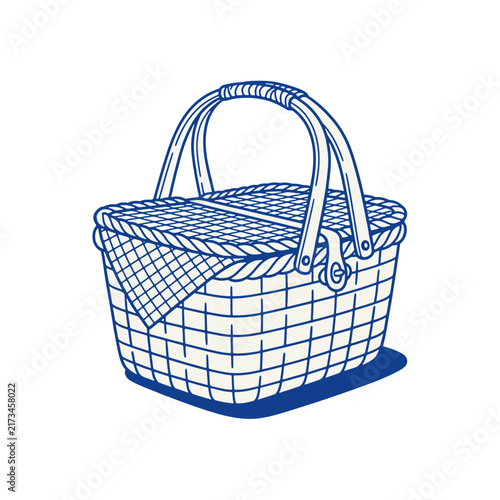 Woven wicker picnic basket illustration in blue line art style isolated on white background
