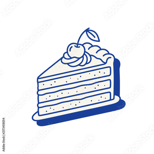 Vector line art of a layered cake slice icon with cherry topping, minimalist blue graphic design
