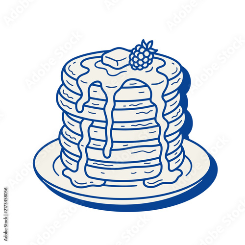 Delicious stack of homemade pancakes with syrup, melting butter, and fresh blackberry on a plate vector illustration