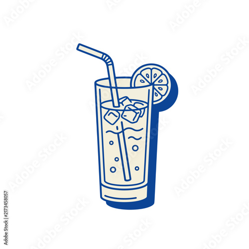 Refreshing Cold Beverage Illustration with Lemon Slice, Ice Cubes, and Straw in a Tall Glass