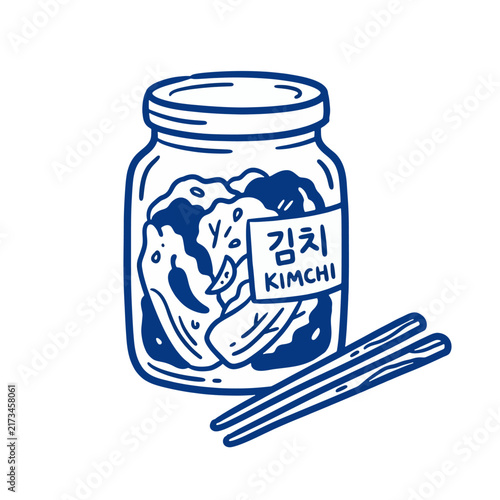 Traditional Korean fermented kimchi jar illustration with chopsticks in blue line art style