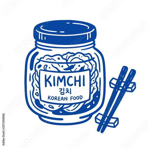 Hand drawn blue line art illustration of a traditional Korean kimchi jar with chopsticks for fermented cabbage salad side dish