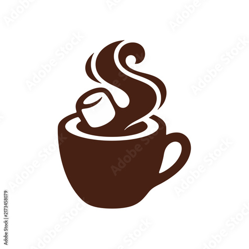 Minimalist brown icon of a warm cocoa mug featuring a single marshmallow and elegant steam swirls for cafe and beverage branding