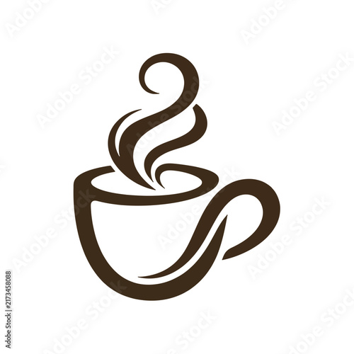 Stylized Brown Coffee Cup Icon with Steaming Hot Aroma for Cafe and Restaurant Logo Design