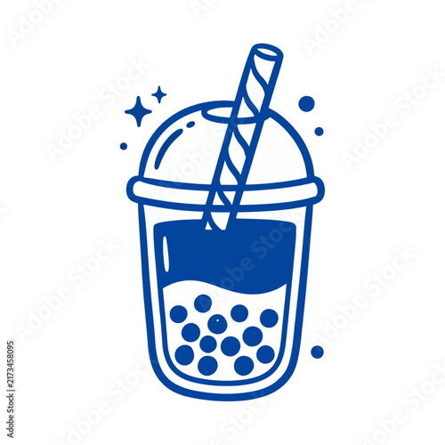 Minimalist blue boba tea illustration featuring a plastic cup with tapioca pearls and a striped straw icon