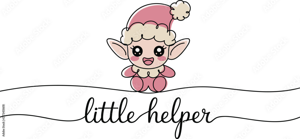 Obraz premium Christmas elf cute character ornament continuous line art vector illustration with little helper holiday typography