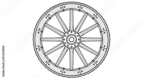 Принти на полотні Wagon wheel crafted from wood features a classic design with sturdy spokes and a reinforced central hub that represents historical transportation methods used during the pioneer era in the