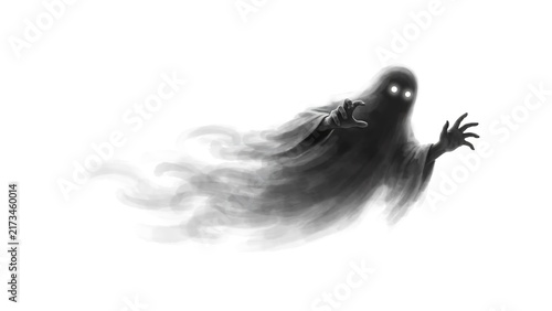 Eerie dark ghost figure with glowing white eyes and wispy smoke trails isolated on a white background, for horror and, halloween themes