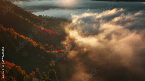 Misty Sunrise Over Autumn Mountain Forests, Birds flying, scenic view, wonderful nature