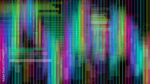 Abstract digital background with colorful vertical light streaks and grid lines.
