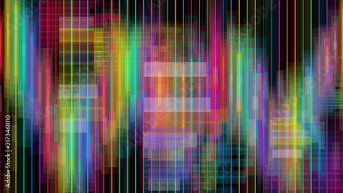 Abstract digital background with colorful vertical light streaks and glowing pixel grid.