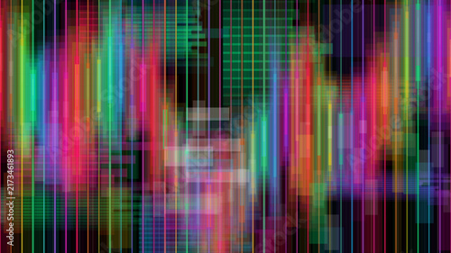 Abstract digital background with colorful vertical light streaks and pixelated grid patterns.