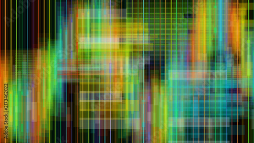 Abstract digital background with colorful vertical light streaks and grid pattern overlay.