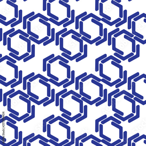 Interlocking chain repeating pattern,  hexagonal rings, Royal blue elements set, pill-shaped straight lines, rounded caps, six rounded segments, hexagon outlines, overlap diagonally, chain-link
