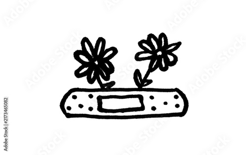 Fotografía Bandage Doodle with Flowers — Cute Hand-Drawn Plaster, Minimal Black Outline for