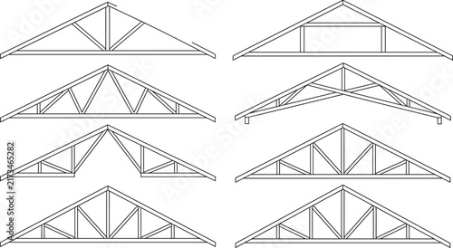 Set of architectural roof truss design diagrams for building construction and structural engineering projects