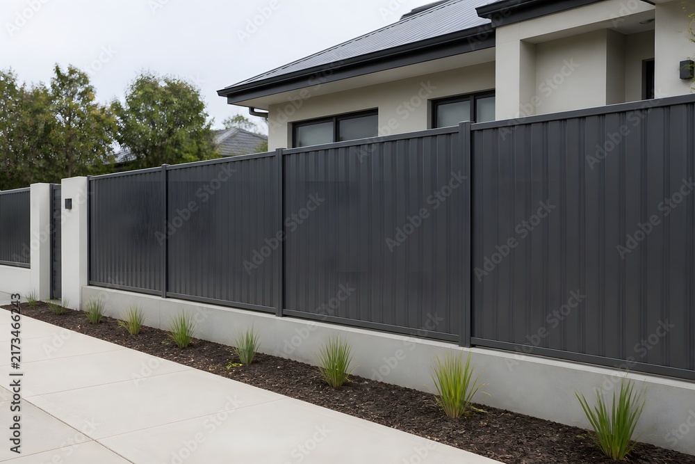 Fototapeta premium Modern black privacy fence beside a contemporary house