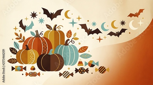 Autumn harvest of colorful pumpkins with bats and falling leaves against a warm background