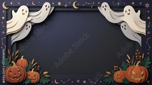 Spooky halloween scene with ghosts pumpkins and a dark starry night background
