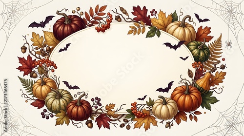Autumn wreath with pumpkins leaves and bats on a vintage cream background