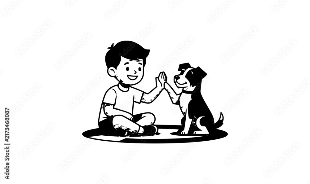 Fototapeta premium Minimalist black and white vector boy high fiving pet dog 