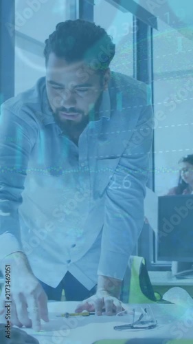 Animation of financial data processing over diverse architects having meeting in office