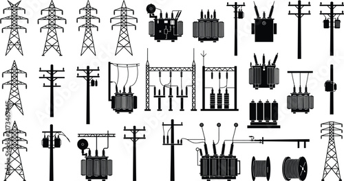Electric power transmission line pylon high voltage transformer utility pole silhouette vector set