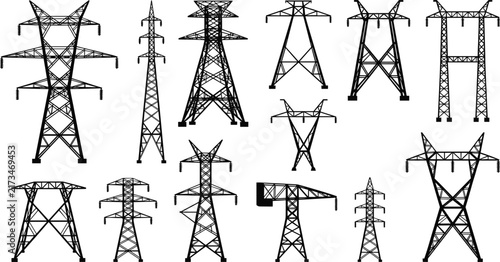 Electric power transmission tower pylon high voltage grid infrastructure line silhouette vector set