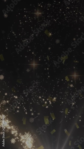 Animation of christmas shooting star and snow falling over christmas decorations