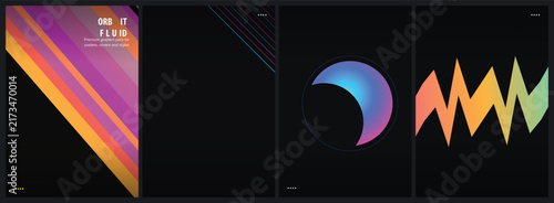 Modern Abstract Geometric Posters Set Featuring Vibrant Gradient Shapes and Minimalist Linear Elements on Dark Backgrounds for Creative Branding