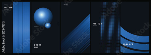 Set of Five Modern Minimalist Dark Blue Abstract Backgrounds Featuring Geometric Shapes and Elegant Gradient Line Patterns for Digital Design