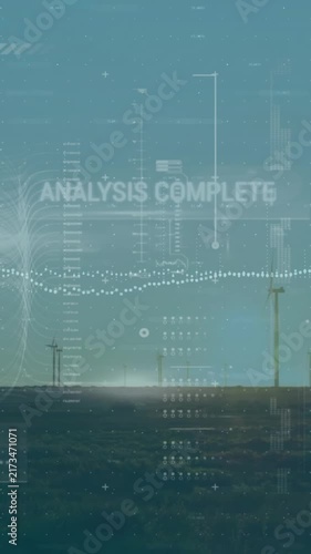 Animation of financial data processing over wind turbines
