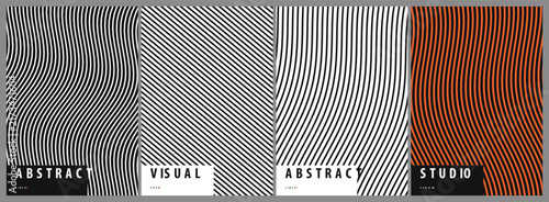 Set of Four Minimalist Geometric Posters Featuring Dynamic Wavy Line Patterns and Striking Monochrome and Burnt Orange Color Palettes