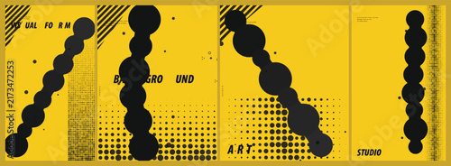 Abstract Minimalist Graphic Composition Featuring Geometric Dot Patterns and Halftone Texture Elements in Black and Yellow