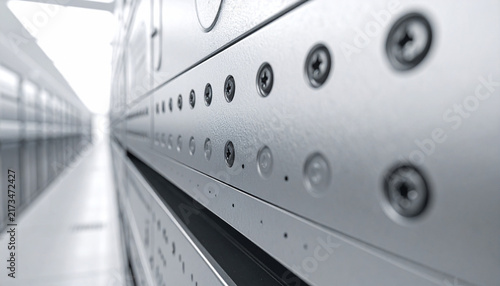 Server Room Abstract: A close-up, abstract perspective of a modern server room with rows of metallic cabinets and visible screw heads, evoking a sense of technology and data.
