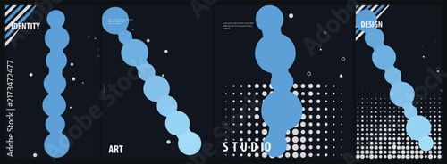 Abstract Geometric Poster Set Featuring Blue Organic Bubble Shapes and Monochrome Halftone Dot Patterns for Contemporary Minimalist Graphic Design Branding Projects