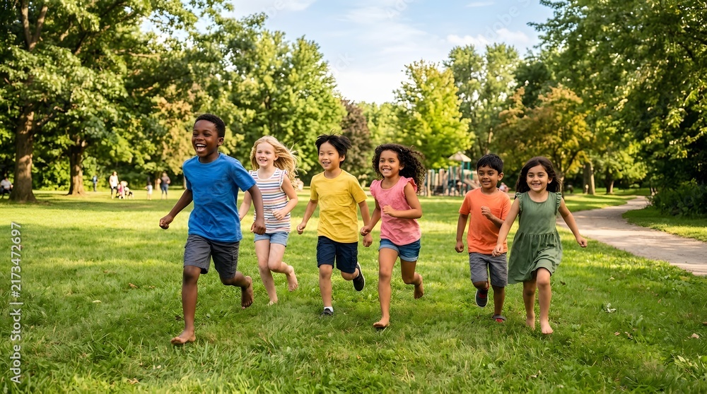 Fototapeta premium Diverse group of happy children running together in a sunny park