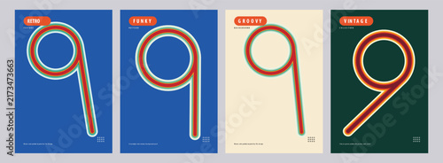 Minimalist Set of Four Poster Designs Featuring Modern Typography and Geometric Number Nine Illustrations in Vibrant Color Palettes