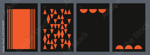 Minimalist Geometric Pattern Posters Featuring Orange Shapes on Dark Backgrounds