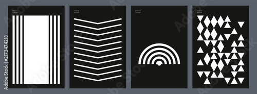 Set of Four Minimalist Geometric Posters Featuring Abstract White Linear Patterns on Black Backgrounds