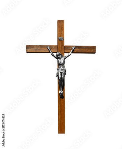 Quadro su tela Wooden crucifix with Jesus Christ figure isolated PNG on transparent background,