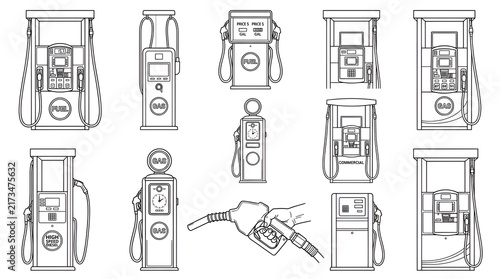 Gas Pump and Fuel Nozzle Line Art Icons Grid