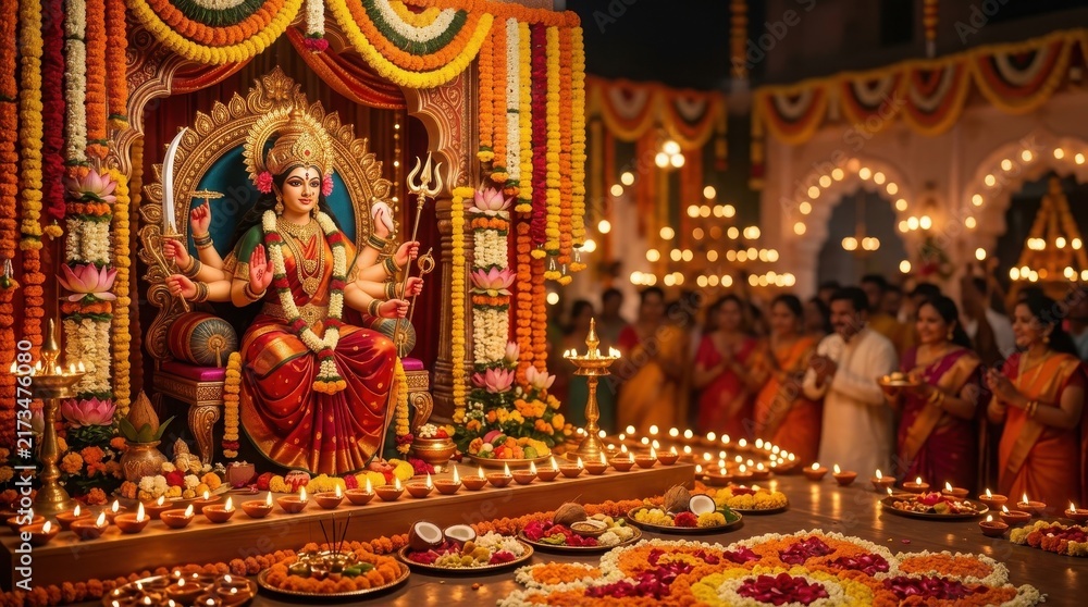 Fototapeta premium Goddess Durga idol decorated with flowers and oil lamps during a traditional Hindu festival
