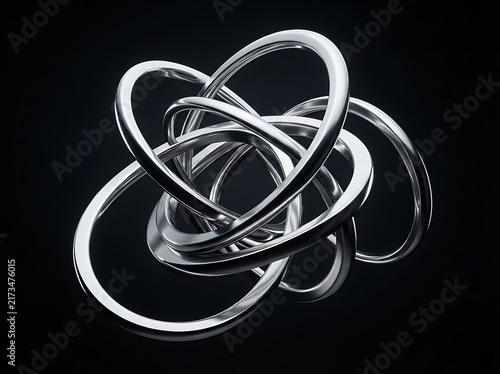 Abstract interlocking silver rings sculpture forming a complex geometric knot