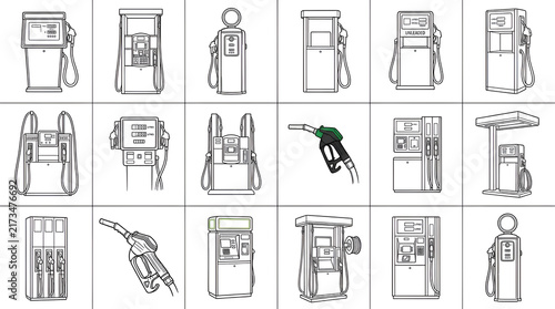 Set of Clean Outline Sketches of Gas Station Pumps and Fuel Nozzles on White Background