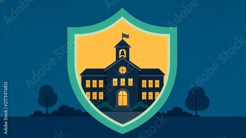 Vector illustration of a school building inside a protective shield on a dark blue background, concept of school safety, security and student protection.