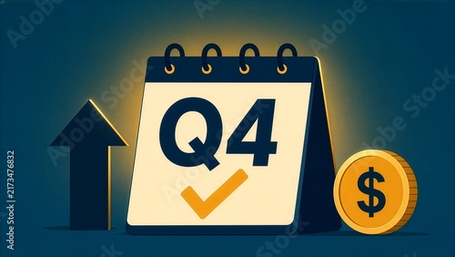 Vector illustration of a Q4 calendar with a growth arrow, dollar coin and check mark on a dark blue background, concept of fourth quarter business results, financial goals and end of year profit.