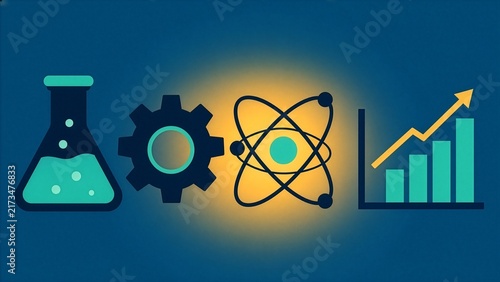 Vector illustration of STEM icons with a chemistry flask, gear, atom and growth chart on a dark blue background, concept of science, technology, engineering and innovation.