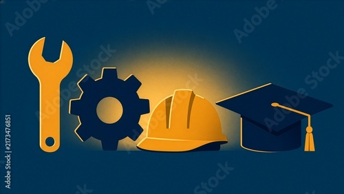 Vector illustration of a wrench, gear, hard hat and graduation cap on a dark blue background, concept of vocational education, technical training and skilled trades.